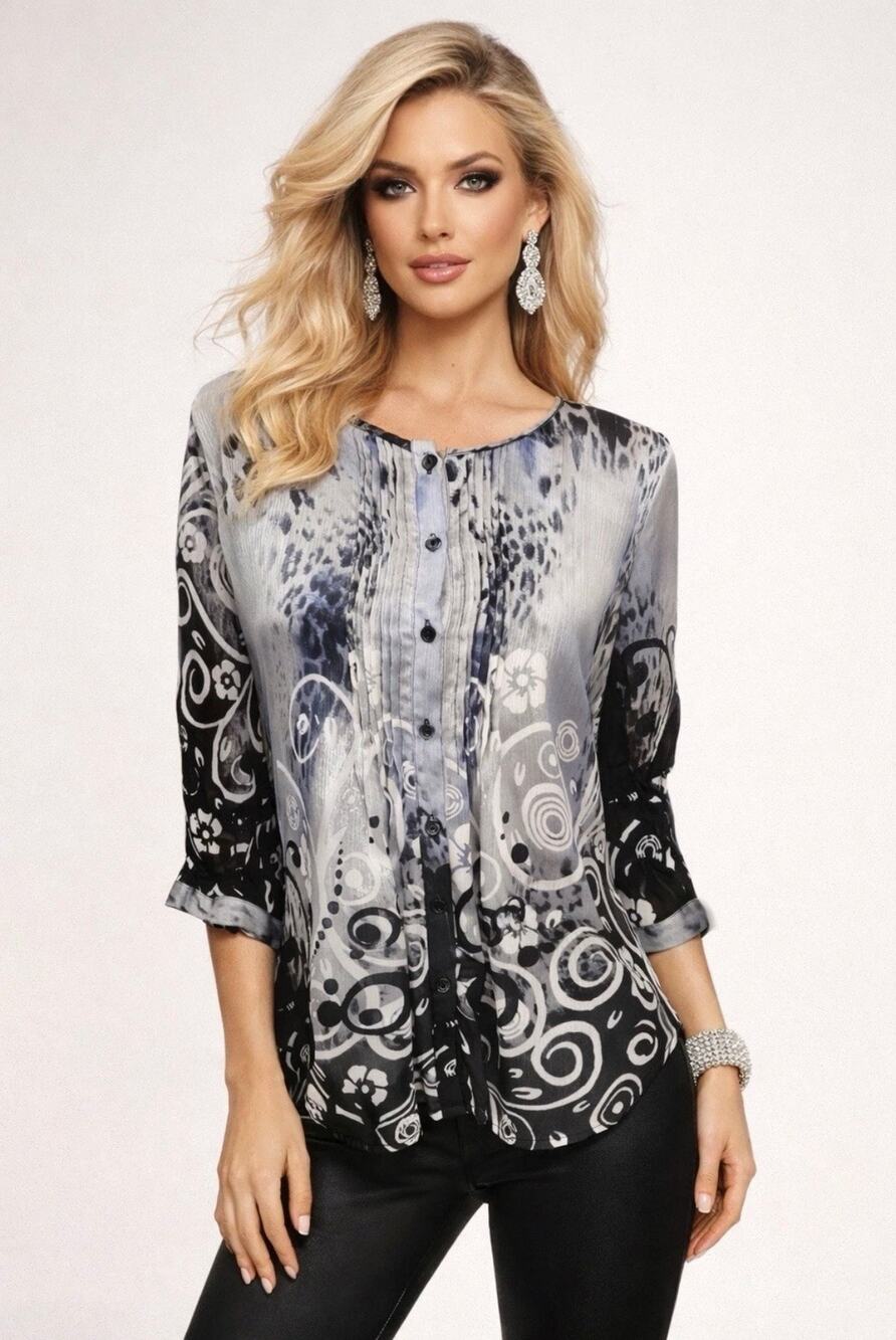 Peter Nygard Flowy Abstract Floral Blouse Size 12 Black Grey Blue Artsy Retro